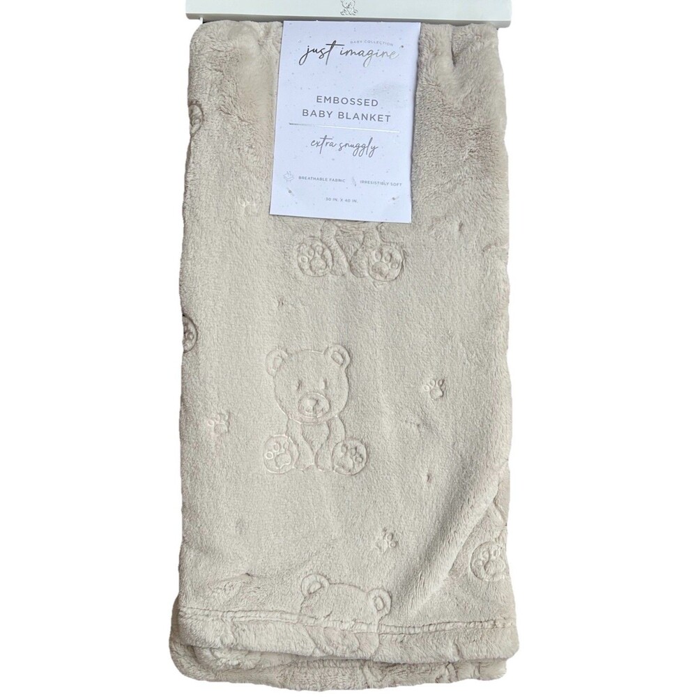 JUST IMAGINE Sitting Bear Embossed Baby Blanket Soft Fleece “ Beary Cute “ Tan